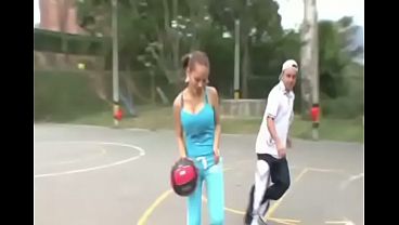 Busty cute petite teen Paris Milan plays on the court