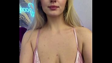Blonde in Pink Bra Sucks Big Dildo and Presses It Between Her Huge Tits