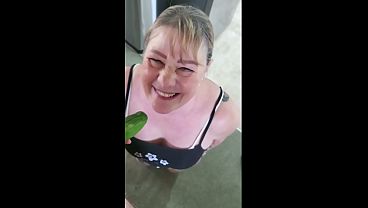 Porn Comedy as slutty MILF Cara sucks soggy zucchini like it is a cock